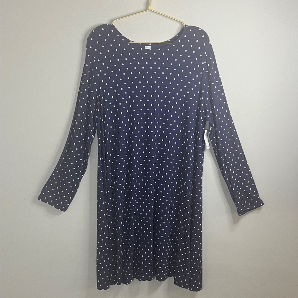 Old Navy Long Sleeve Comfy Cozy Stretch Navy Dress with White Dots